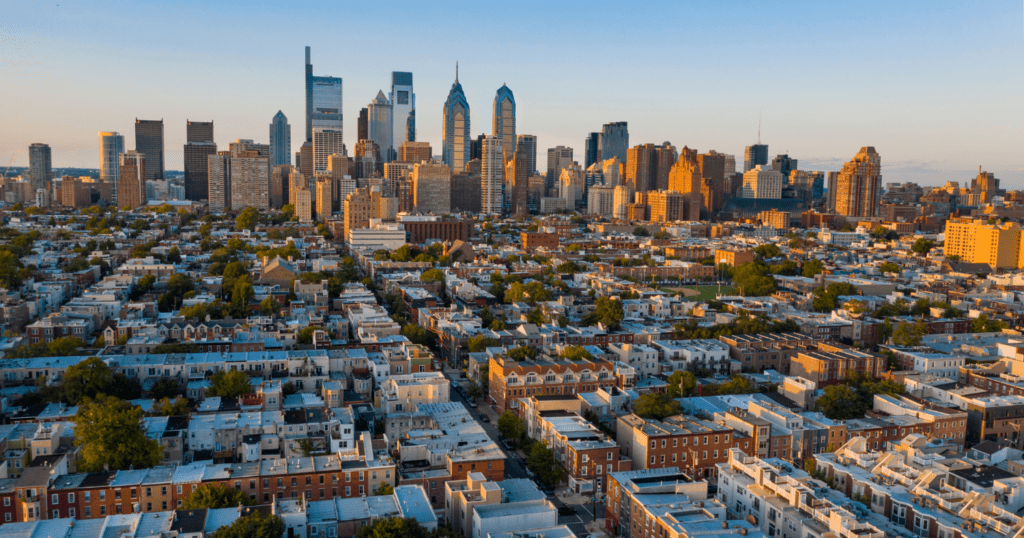 Philadelphia skyline cityscape with historic and modern buildings