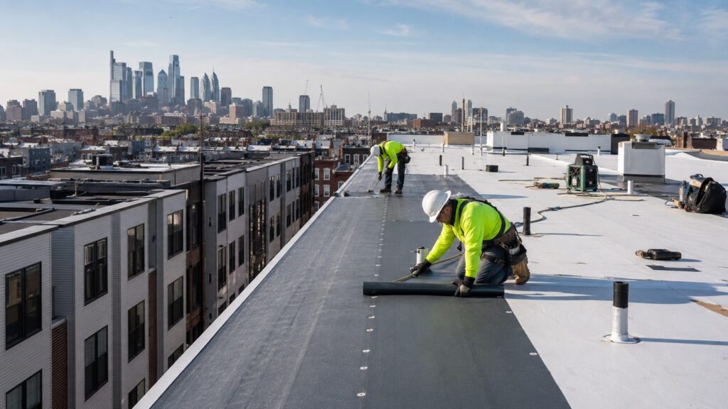 Commercial flat roof installation on a Philadelphia apartment building